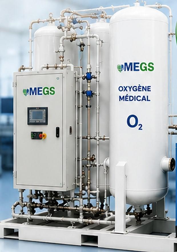Générateur d'oxygène médical MEGS avec réservoir, sécheur et tuyauteries inox